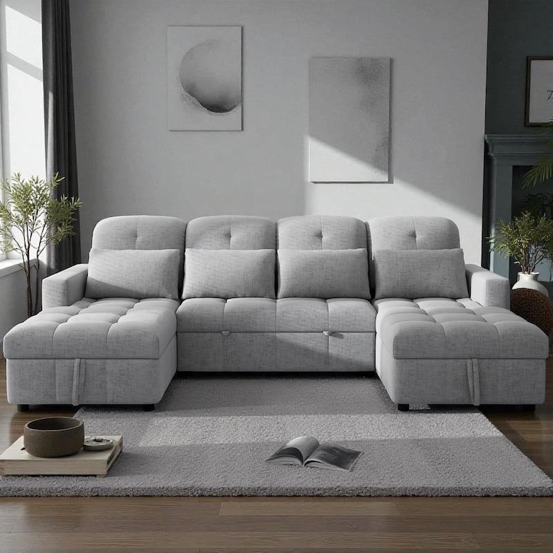 110" Oversized U-Shaped Sectional Sofa Pull-Out Sleeper with Double Storage Chaise Lounges and USB Ports for Living Room - Grey