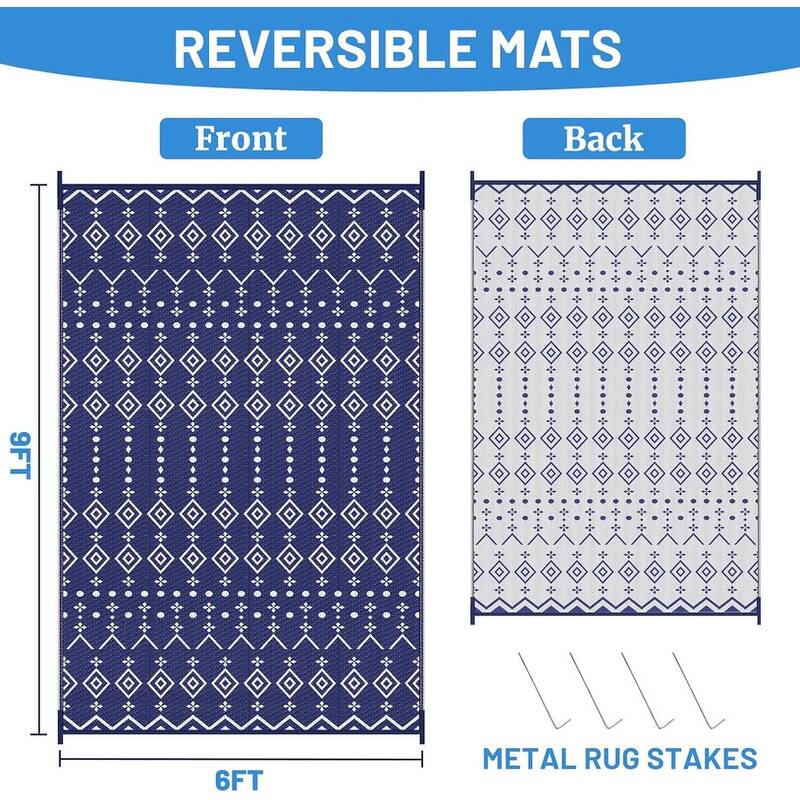 8' x 10' Reversible Outdoor Rug – Waterproof Plastic Straw Mat Blue