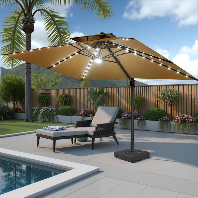 Pellebant Outdoor 10x13FT Patio Cantilever Umbrella Dual Top Lar Lighted with Wheel Base