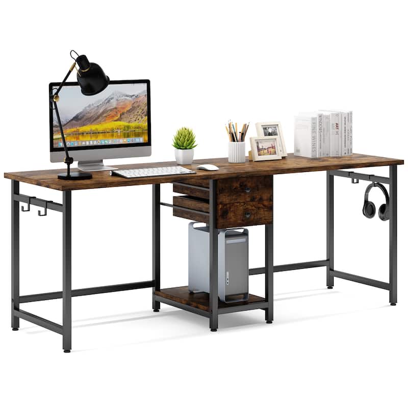 Extra Long Two Person Desk,Industrial Workstation for Home Office，78’’ Double Computer Desk with Drawers and Storage Shelves