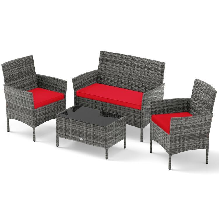 4 Piece Outdoor Rattan Patio Set with Cushions and Glass Table - 39.5" x 22.5" x 32" - Red-Mix Grey