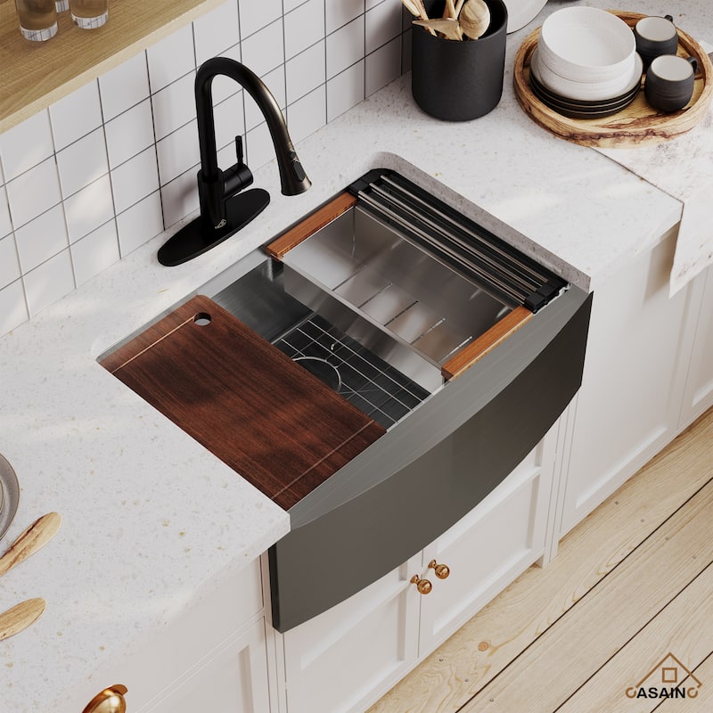 Stainless Steel Sink 16-Gauge Single Bowl Farmhouse Apron Workstation Kitchen Sink in Brushed with Accessories