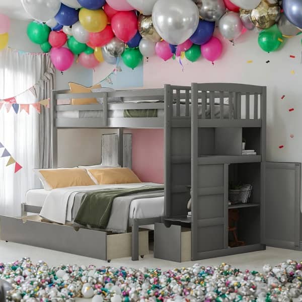 slide 2 of 31, 3 Beds In 1 Twin Over Full/Twin Bunk Bed,Convertible Bottom Bed,Storage Shelves And Drawers for Bedroom Grey