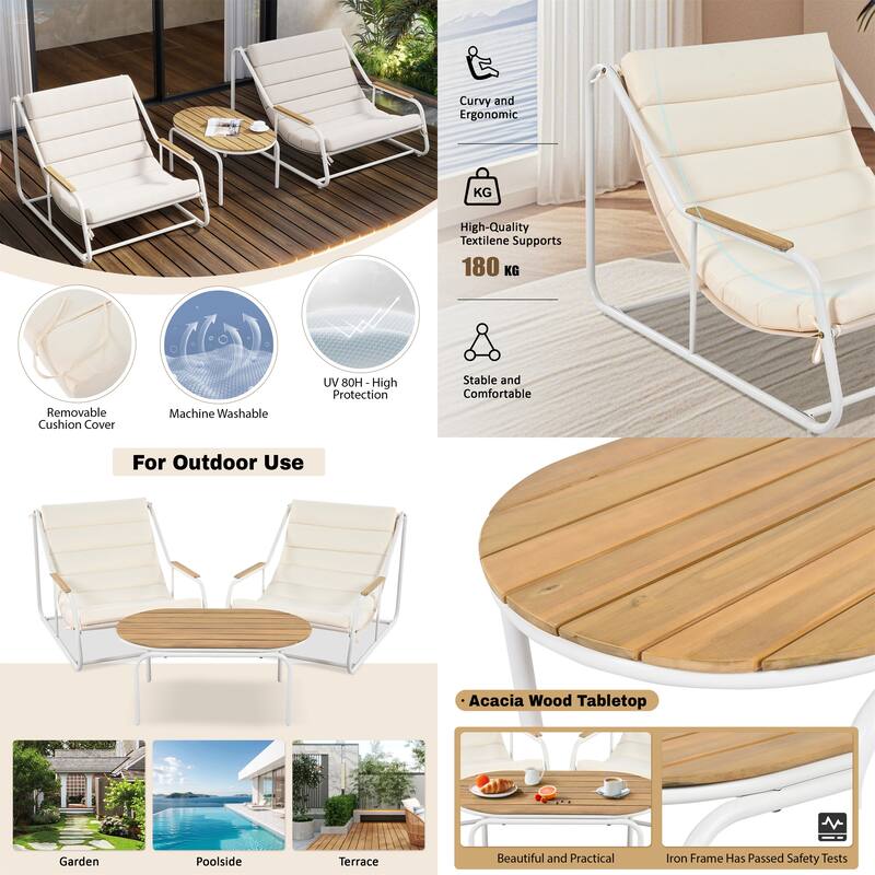 Outdoor Chaise Lounge Set w/ Acacia Side Table, Pool/Lawn/Deck, 3 Pcs