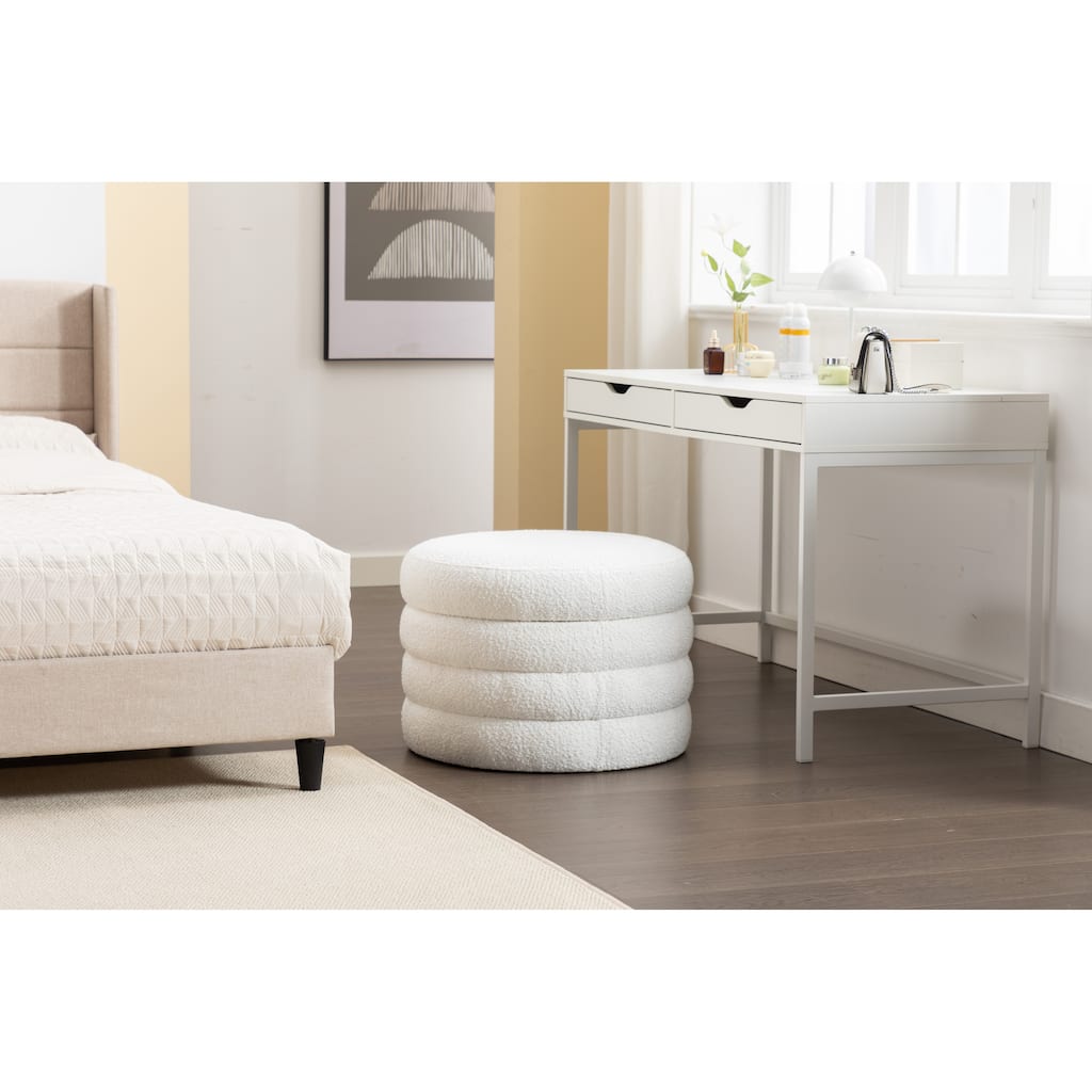 Boucle Fabric Storage Round Ottoman Footstool With Wooden Shelving