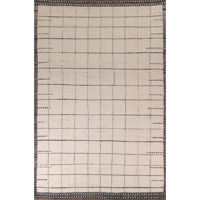 Checkered Moroccan Oriental Area Rug Hand-Knotted Wool Carpet - 8'11" x 12'9"