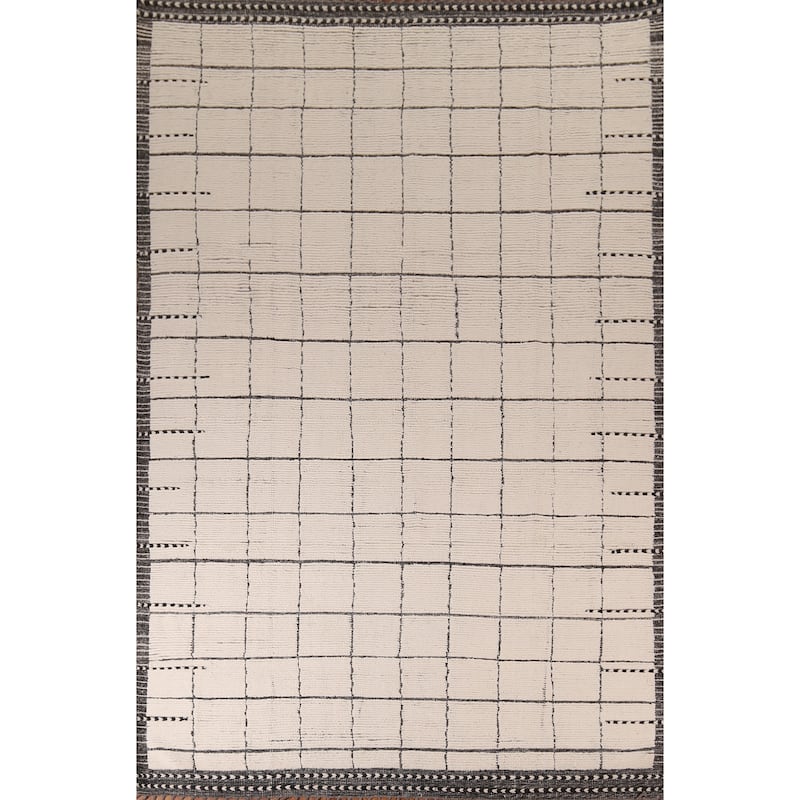 Checkered Moroccan Oriental Area Rug Hand-Knotted Wool Carpet - 8'11" x 12'9"