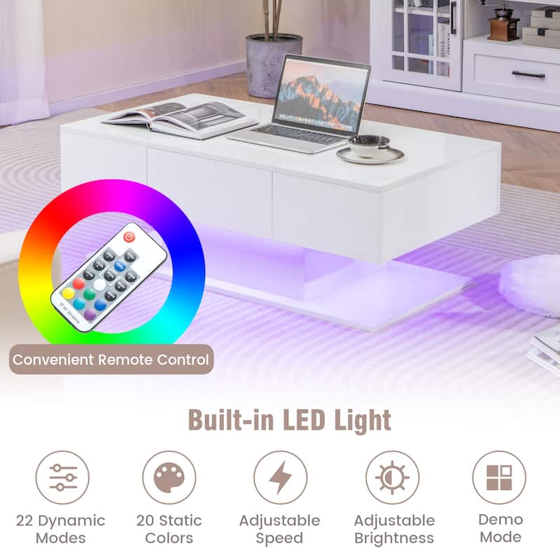Contemporary Coffee Table with RGB LED Lights and Storage Drawers and Open Shelf Gloss Finish - 43.5" x 23.5" x 16"