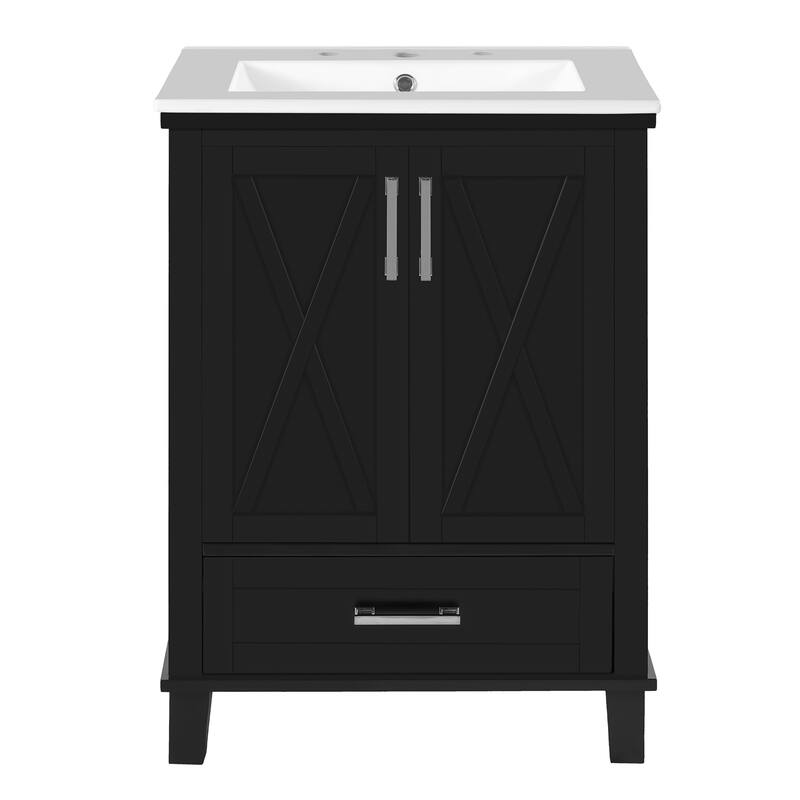 24" Bathroom Vanity with Ceramic Sink Bathroom Storage Cabinet with Divided Drawer and Storage Shelves