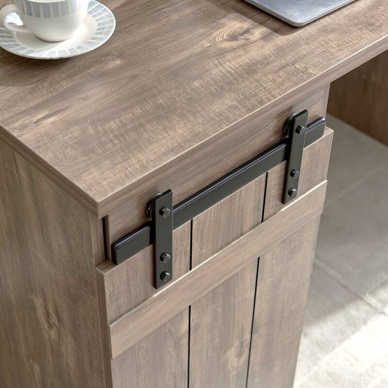 Wood Home Office Desk with One Cabinet Three Shelves and Faux Barn Door
