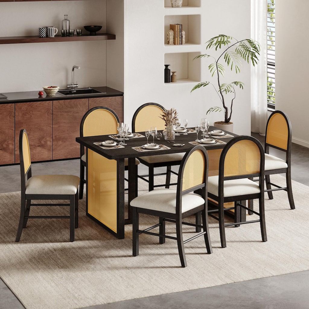 7-Piece Farmhouse Dining Table Set for 6 - 59.8" Rectangular Table with Distressed Oak Veneer & 6 Rattan Chairs