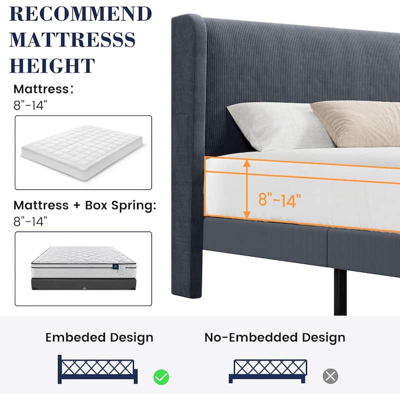 Platform Bed Frame with Upholstered Wingback Headboard