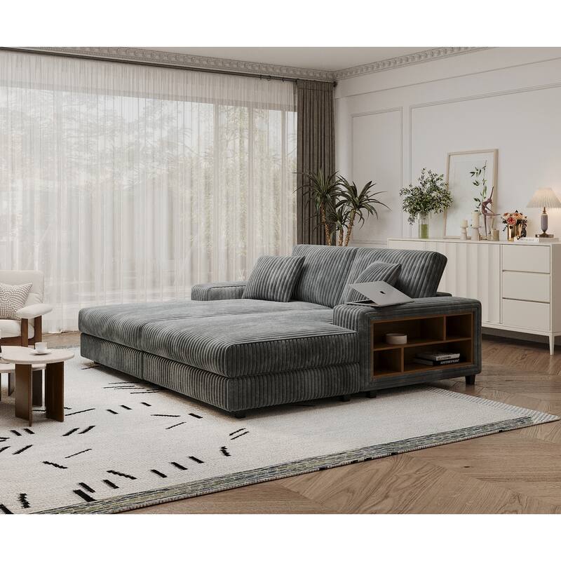 Convertible Corduroy Fabric Dark Grey Modern Sleeper Sofa Chair with Storage