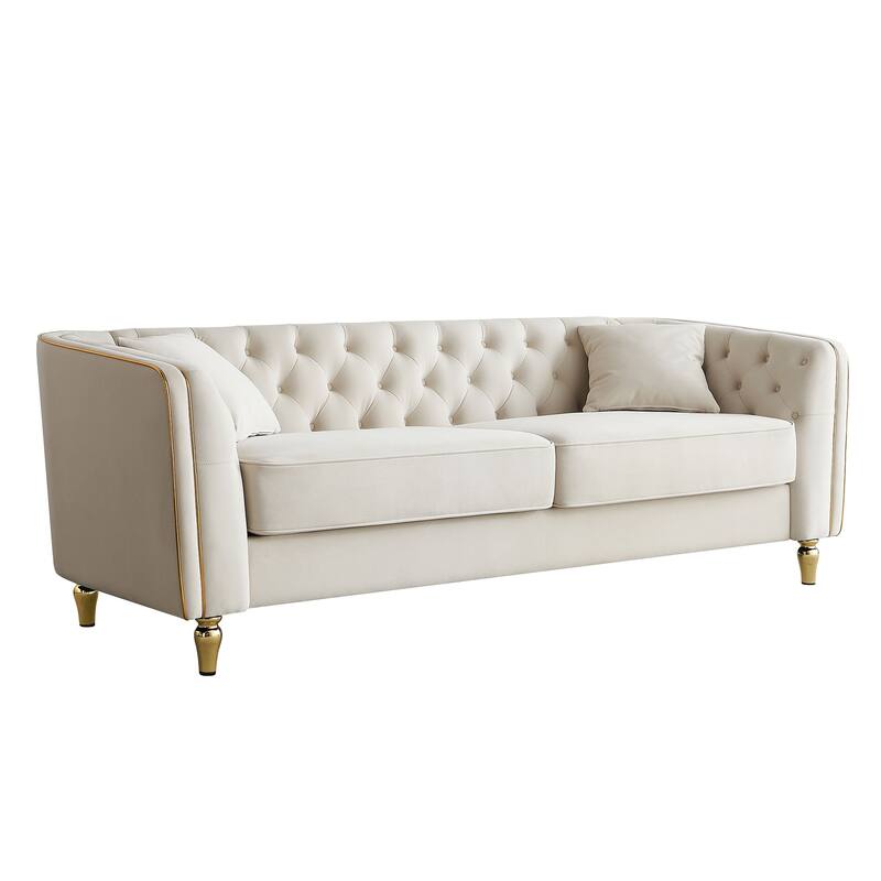 87"W Modern Tufted Beige Velvet Sofa for Living Room, Hotel Apartment