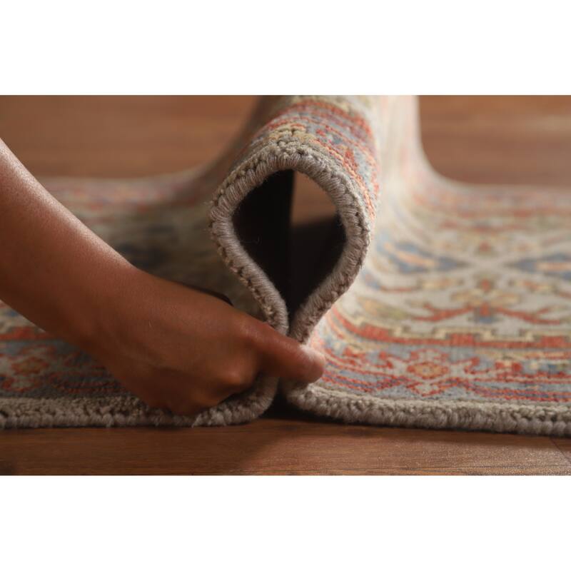 Hand Knotted Oriental 100% Wool Carpet Traditional Geometric Greys & Charcoal Heriz (serapi) Runner Rug - 7' 11'' X 2' 7''
