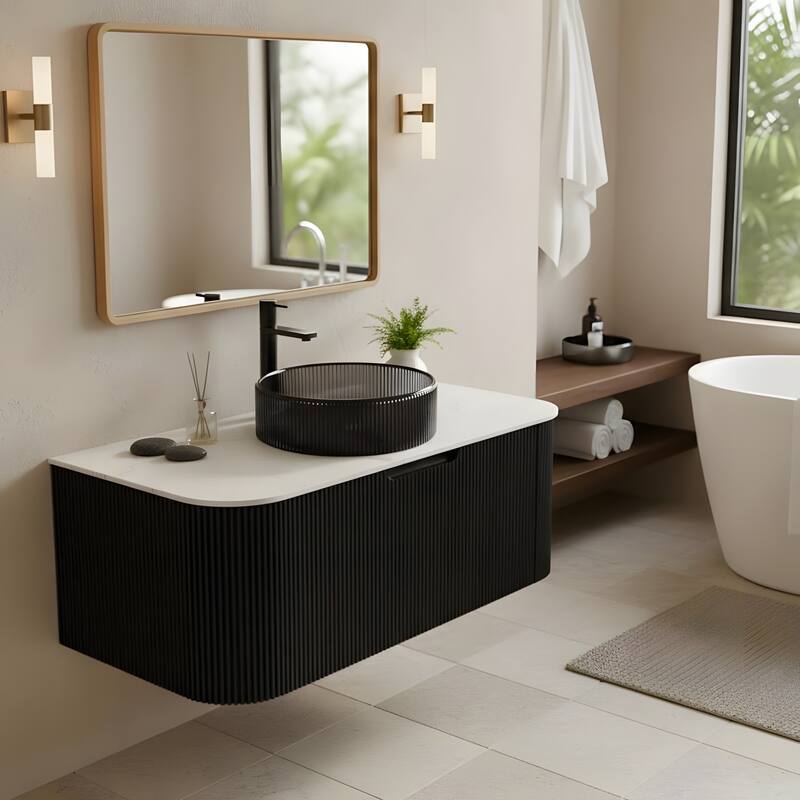 Wall Mounted Bathroom Vanity with Transparent Black Round Glass Basin