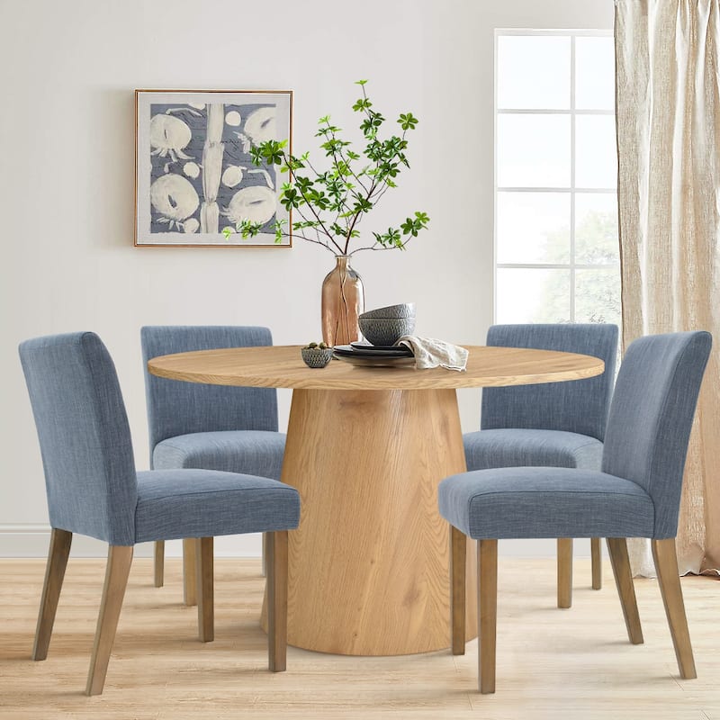 5-Piece Round Dining Set with Pedestal Table and Upholstered Chairs - Blue