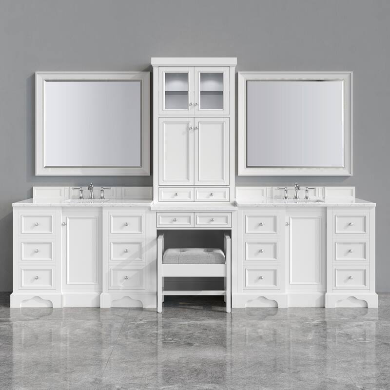 James Martin De Soto 126" Double Sink Bathroom Vanity Suite, Bright White with 3cm Eternal Jasmine Pearl Quartz Top
