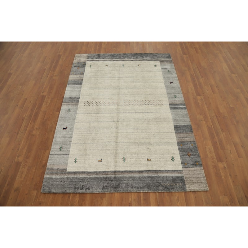 Hand Knotted Oriental 100% Wool Carpet Tribal Animal Pictorial Beige & Ivories Gabbeh Area Rug - 7' 7'' X 5' 4''