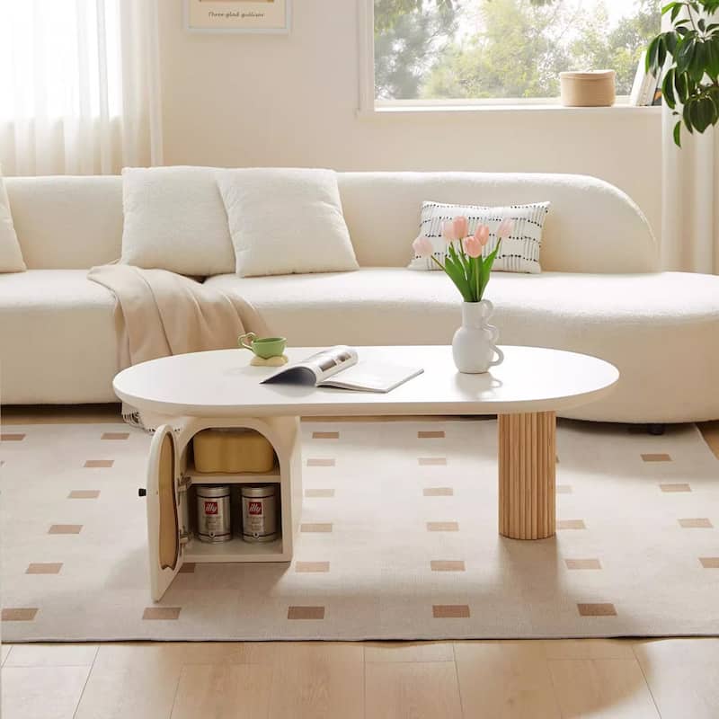Contemporary White Oval Coffee Table with Wooden Accents