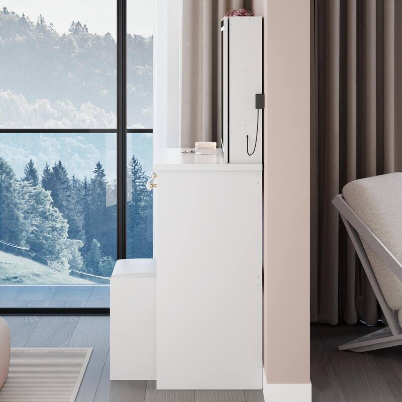 37" Middle Size Left Bedside Cabinet Vanity Table + Cushioned Stool, Large Sliding, Touch Control, Brightness Adjust LED Mirror