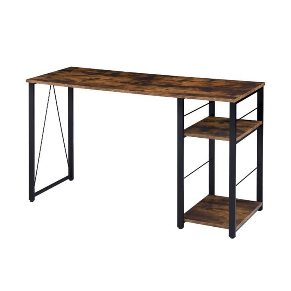 Rectangular Writing Desk with 2 Tier Shelf, Weathered Oak and Black