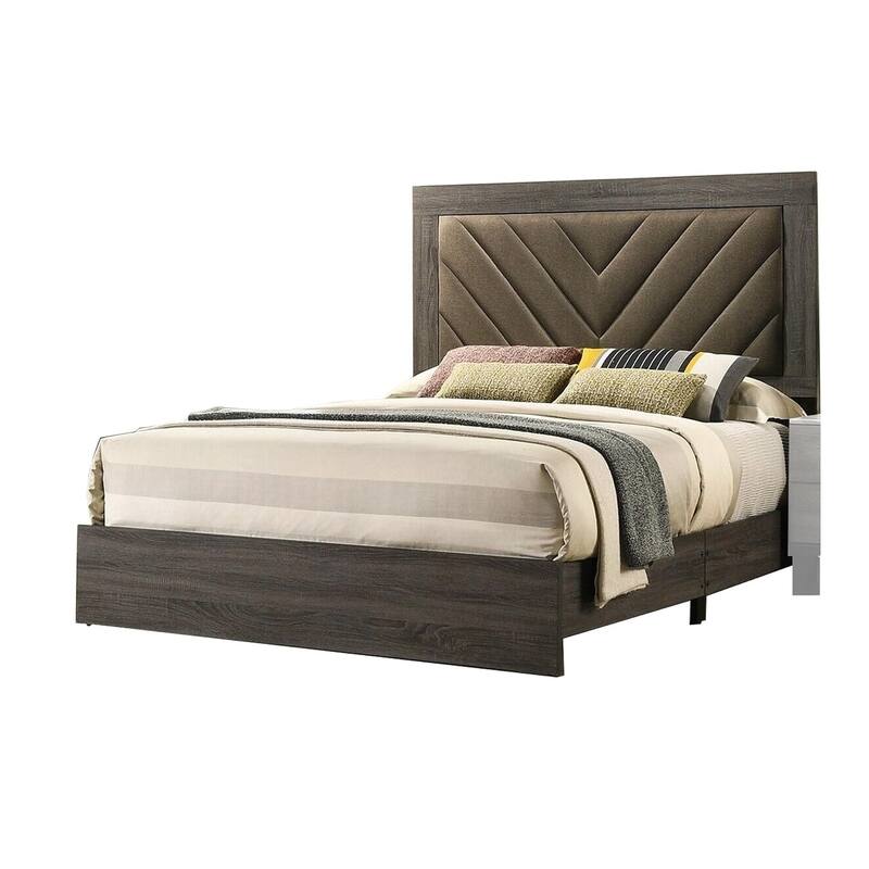 Queen Size Upholstered Bed with Rubberwood Frame and Gray Fabric Headboard