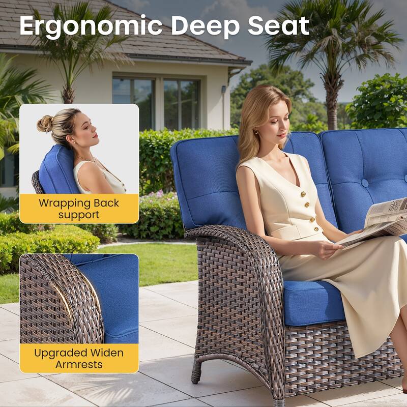 Gymojoy 3-Piece Outdoor Wicker Patio Furniture Set, 5" Thick Cushioned Rattan Sofa with Ottomans