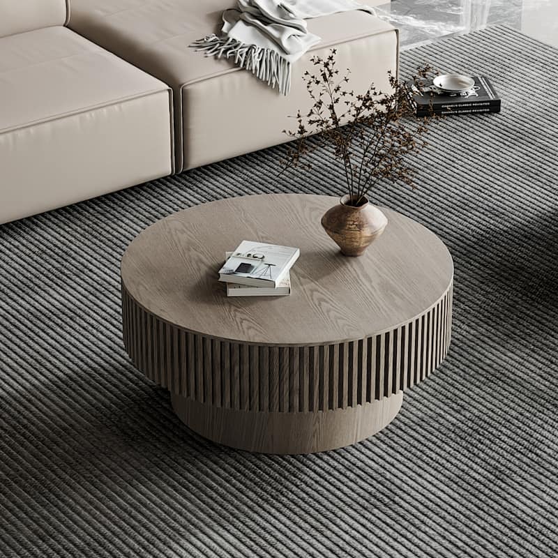 Modern Solid Wood Veneered Round/Oval Coffee Tea Table with Storage