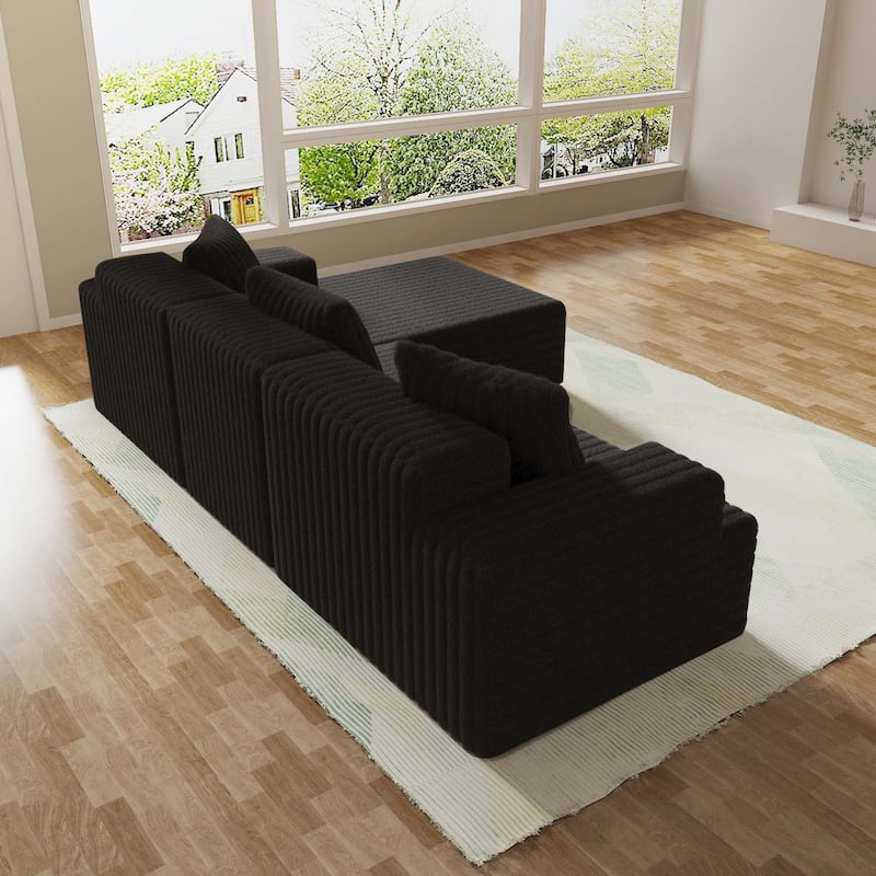 Compression Sectional Sofa with L Shape Chaise, Corduroy Deep Seat Boneless Couches, Modular 3 Seat Corner Sofa