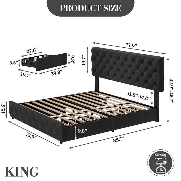 dimension image slide 4 of 6, Bed Frame with 4 Storage Drawers, Linen Upholstered Platform Bed Frame with Adjustable Headboard
