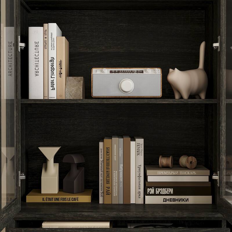 Modular Glass Door Bookcase Wall Unit with Storage Cabinets and Drawers, Dark Oak Display Hutch for Living Room or Home Office