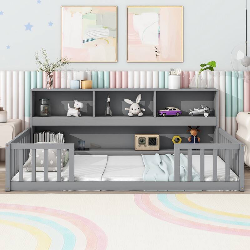 Wood Floor Bed with Bedside Bookcase,Shelves,Guardrails - Grey - Twin