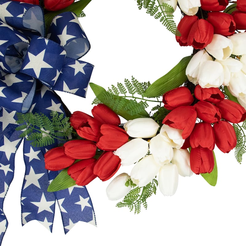 Tulip Floral Patriotic Wreath with Bow - 24" - Red White and Blue