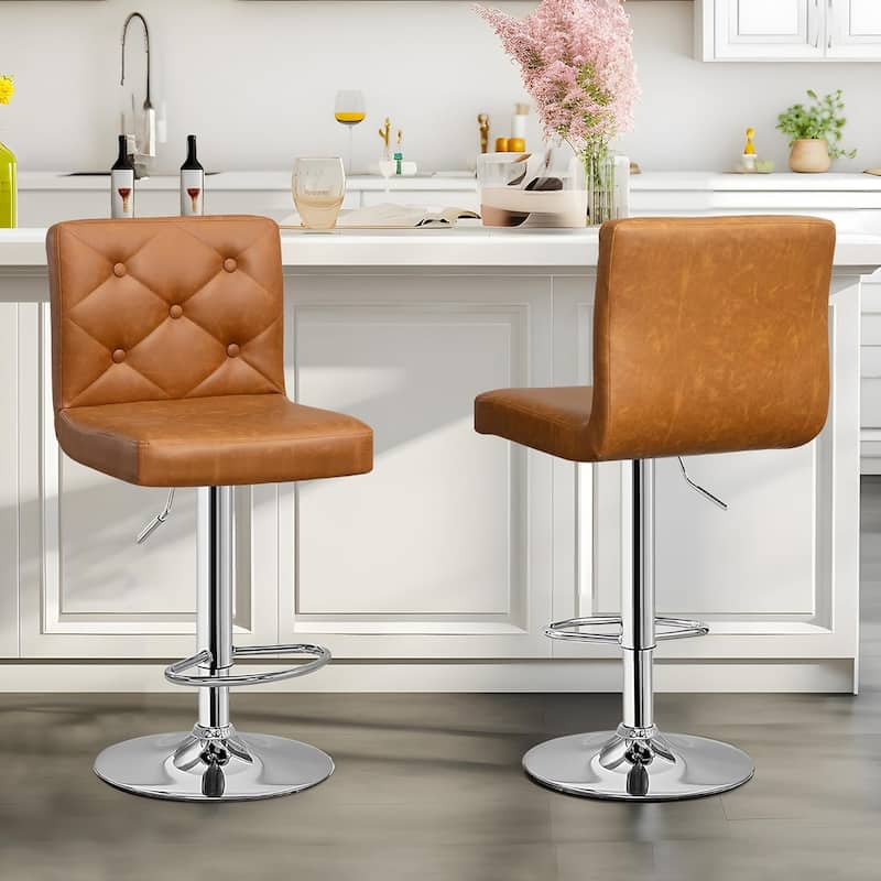 VECELO Bar Stools Set of 2 Armless Adjustable Swivel Modern PU Leather Button Barstools Four Colors are Available - Brown