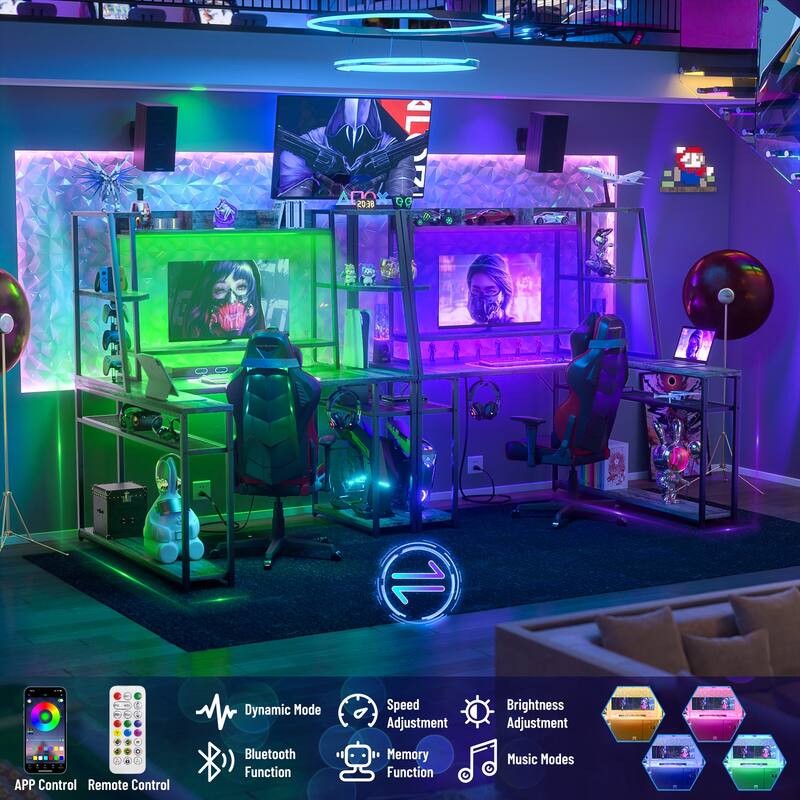 Ultimate L-Shape Gaming Desk with Hutch & Shelves, Reversible Computer Desk with LED Lights & Charging Station