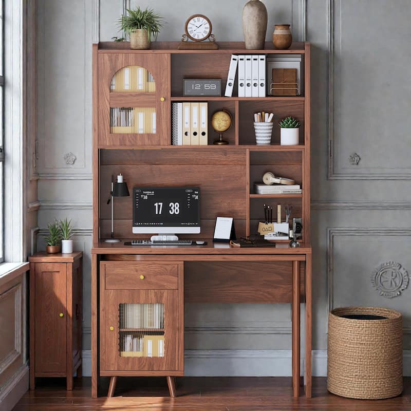 43 Inch Computer Desk with 90 Degree Rotating Desktop, Office Desk with Drawer Cabinets and Shelves for Home Office - Walnut