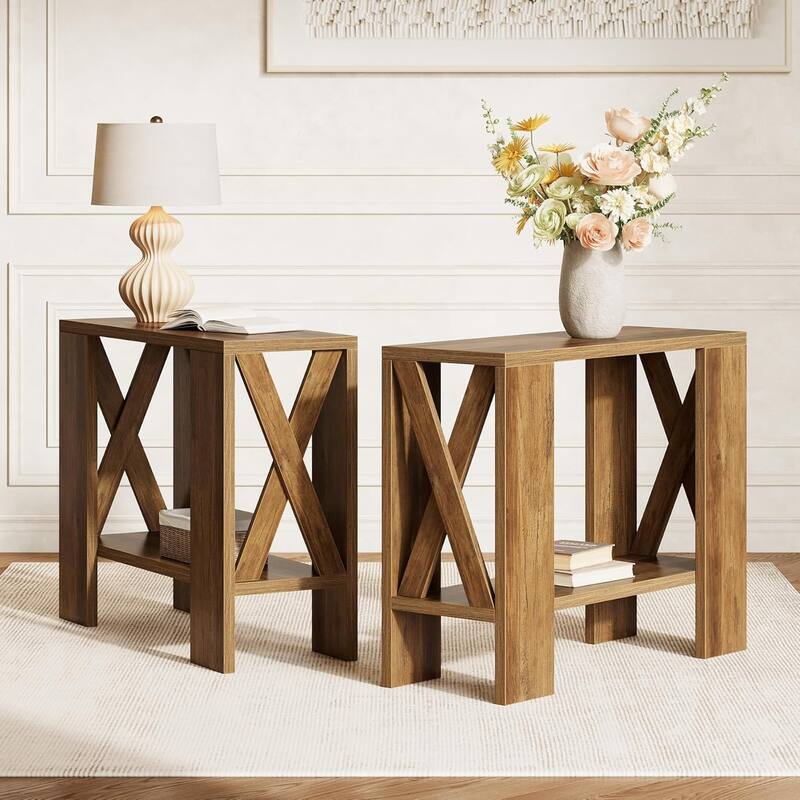 2-Tier Side Table, Farmhouse End Table with Storage Shelves