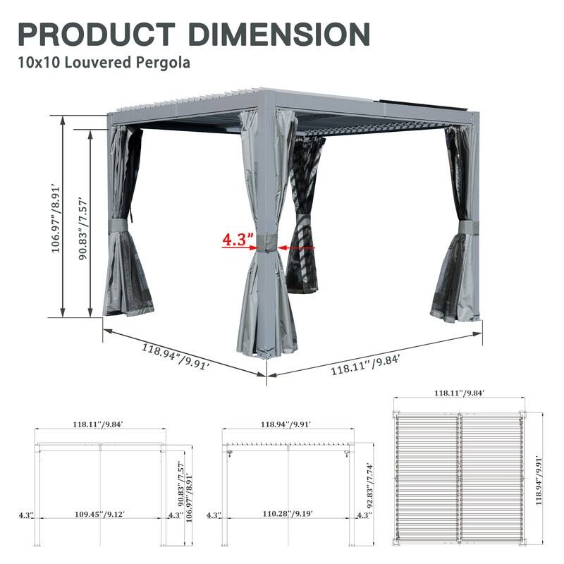Domi Louvered Pergola 10' x 10', Aluminum Outdoor Pergola with Adjustable Louvers, Full Aluminum Frame, Built-in Gutter System - 10'×10' - Grey