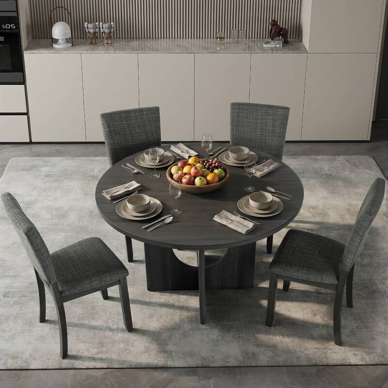 Rossetta 5-Piece Contemporary Transitional Style Dining Set with X-Crossed Base Round Table and 4 Upholstered Fabric Chairs - Dark Gray