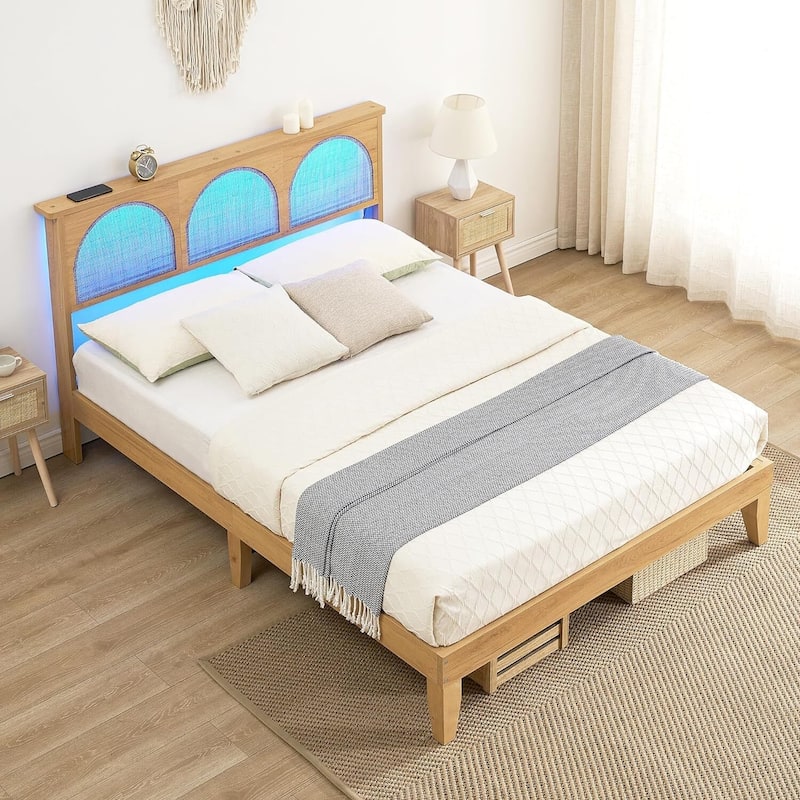 Bed Frame with Natural Rattan Headboard