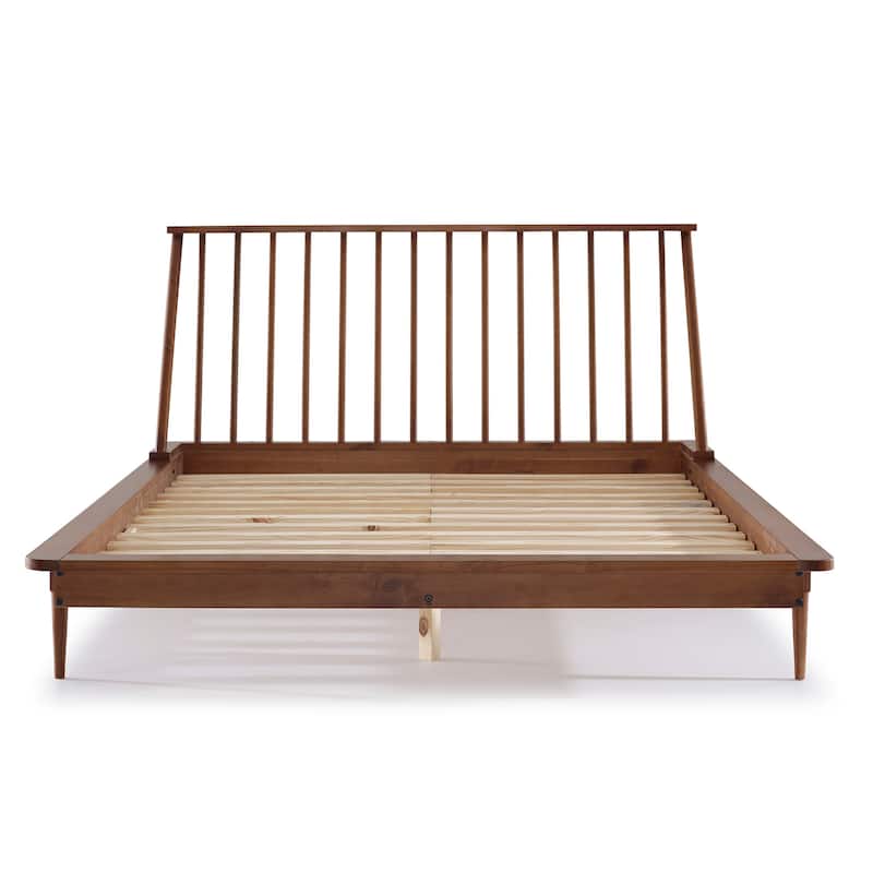 Queen Solid Pine Platform Bed with Spindle Headboard - Mid-Century Modern Design