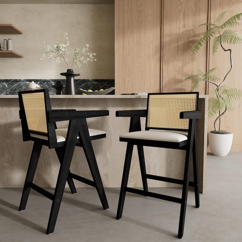 27" Height Woven Cane Plastic Backrest Bar Stool - Foam-Padded Fabric Seat & Durable Rubberwood Frame