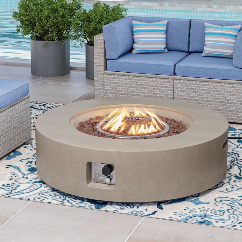 COSIEST Ecru Round Outdoor Propane Fire Pit Tank Outside - Grey