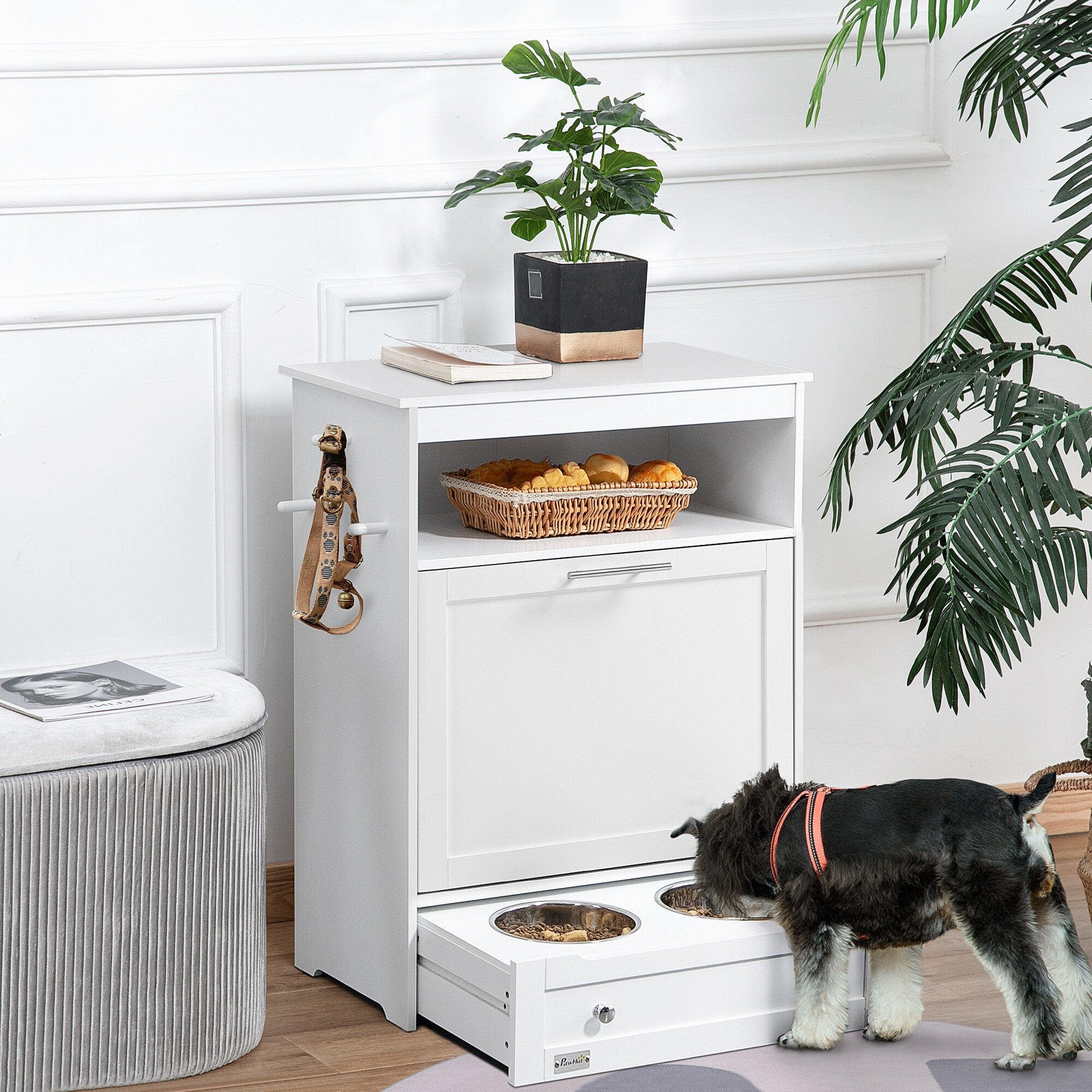 Pet Feeder Station Storage Cabinet Dog Food Storage Container with Dog Raised Bowls and Hanger for Feeding Watering Supplies White