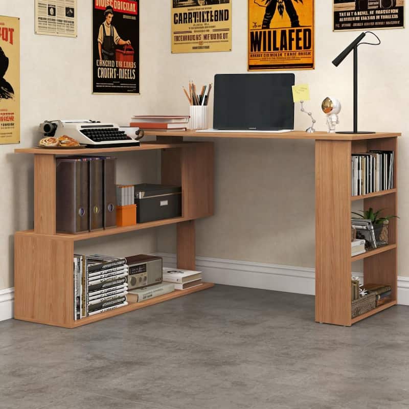 L-Shaped Corner Computer Desk with 360 Degree Rotating Top for Home Office