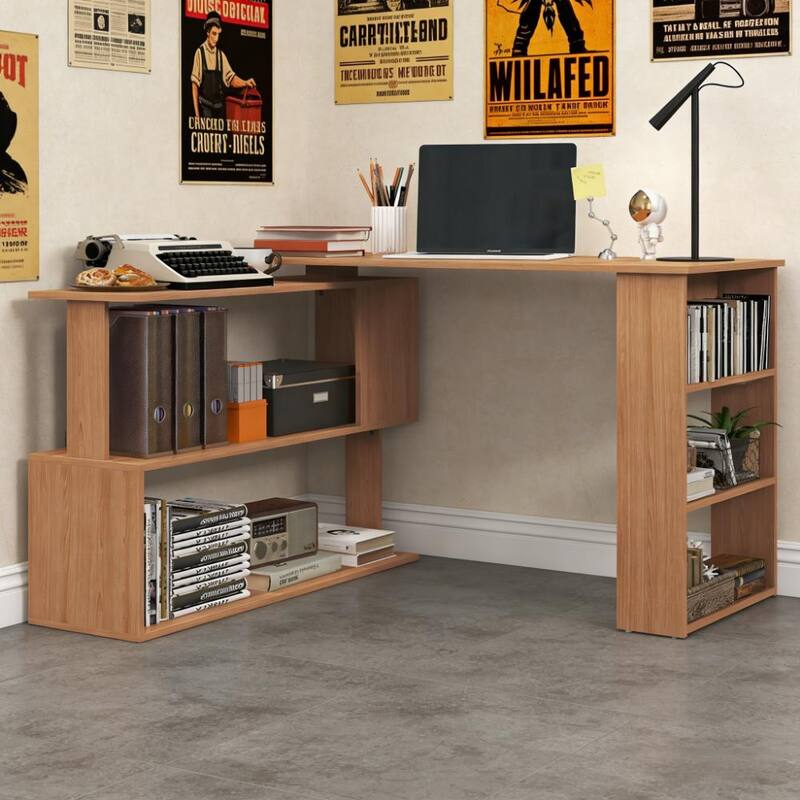 Spacious Writing Table Workstation,L Shaped Corner Computer Desk,360° Rotating Home Office Desk - Teak