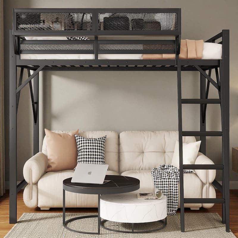 Full/Queen Size Metal Loft Bed with Storage Shelves, Guardrails, and Ladder, Space-Saving High Loft Bed for Kids and Teens - Black - Queen