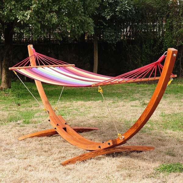 XXL PINE WOODEN DOUBLE HAMMOCK WITH SOLID ARC FRAME STAND BED SUN GARDEN LOUNGER 