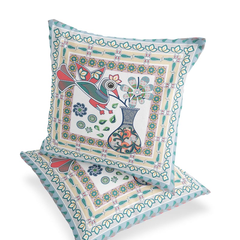 HomeRoots Set of Two 16" X 16" Pink and White Peacock Blown Seam Floral Indoor Outdoor Throw Pillow - 16.00' X '16.00' X '5.00